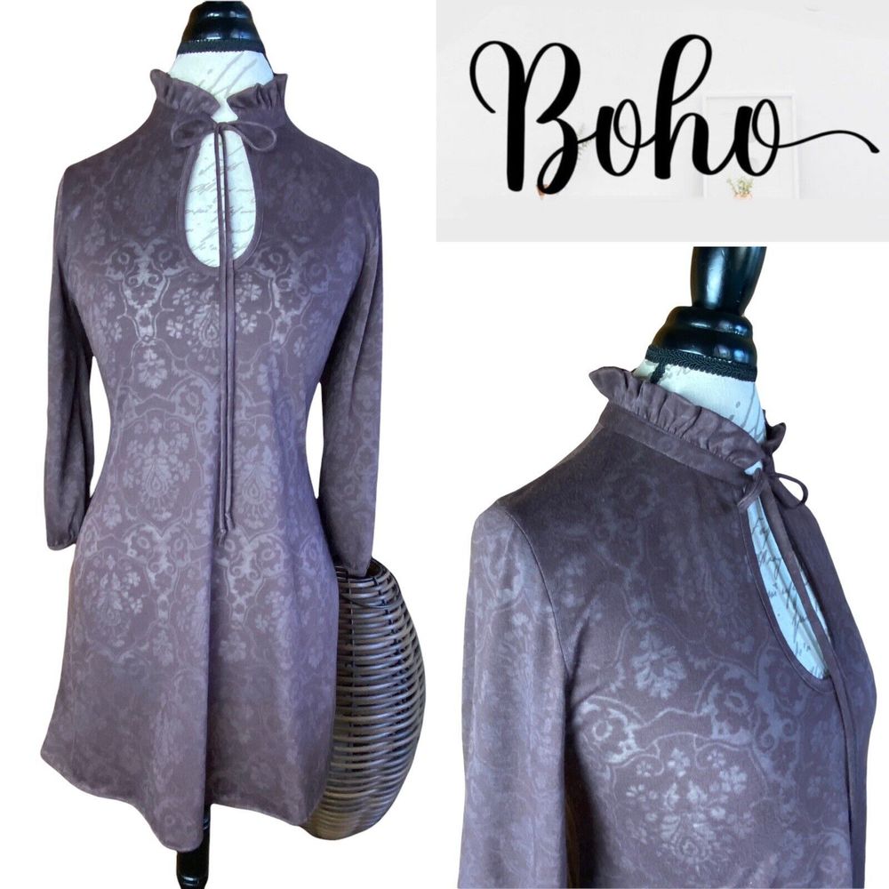 Boho Brown Paisley Lace Top Vintage Ruffle High Tie Collar Keyhole 3/4 Sleeve S